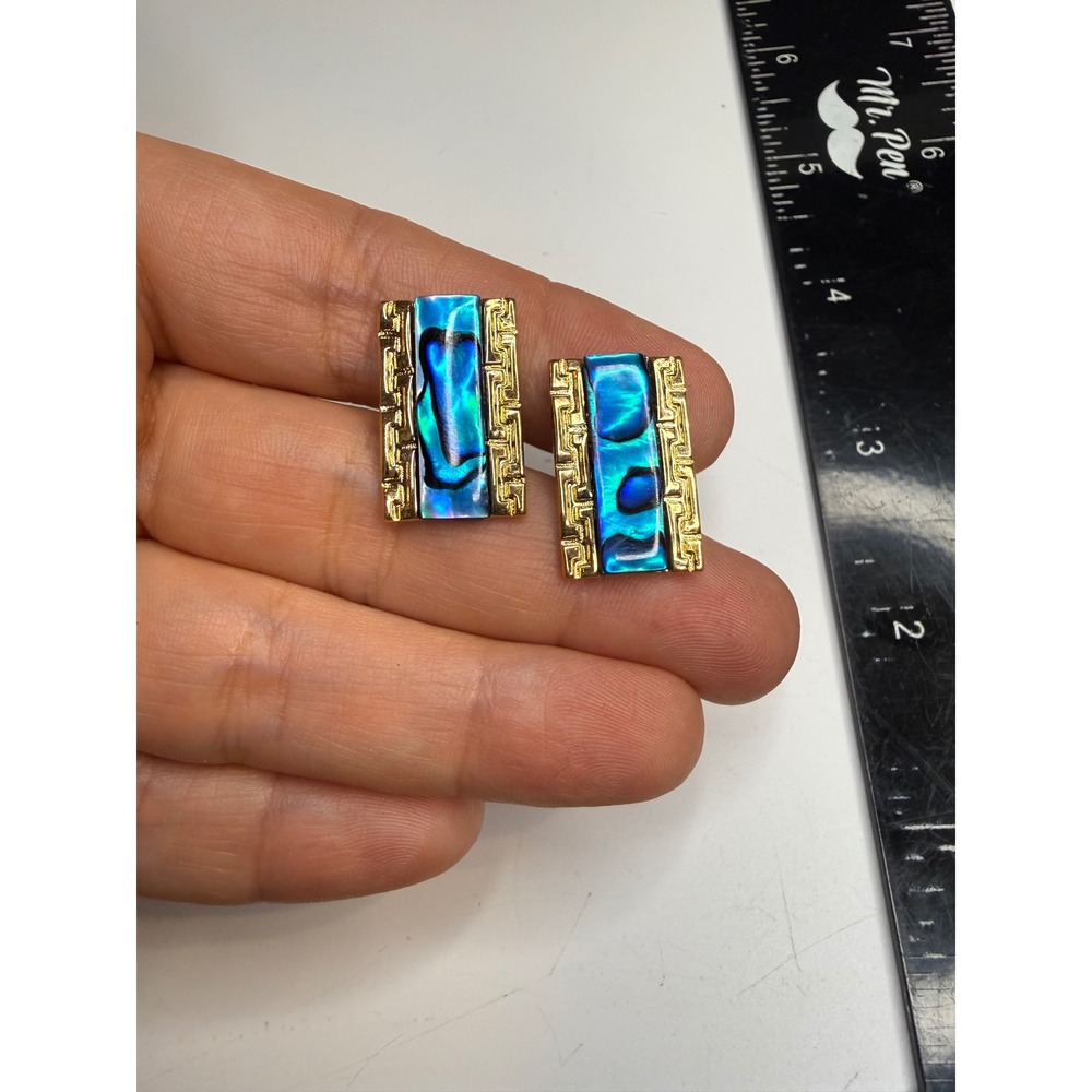 Gold Tone Abalone Shell Greek Key Rectangular Toggle Back Cufflinks Blue Green